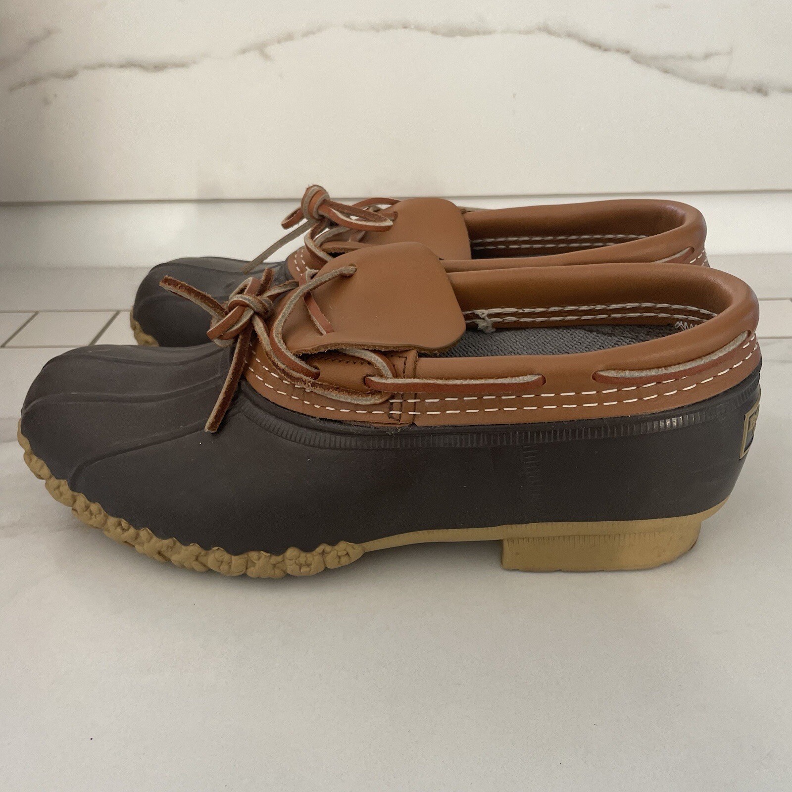 LL Bean Mocs Duck Boots Womens 8 Brown Leather Rubber Rain Waterproof Made USA