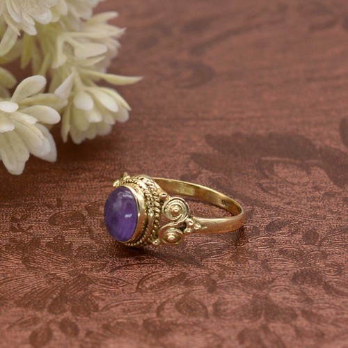 Amethyst Ring Brass Gold Women Ring Promise Engagement Ring Handmade Gift ForHer - 第 2/6 張圖片