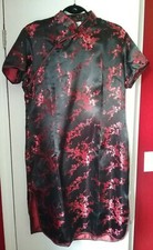 VGUC XL Tang Yi Kimono Size 46 Black with Red Flowers 100 Polyester Side Zipper