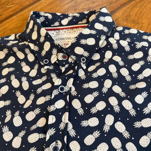 International Report Hawaiian Pineapple shirt mens Large blue button up stretch