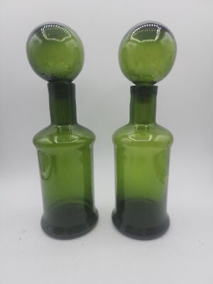 MCM Set of 2 Avocado Green Decanter s Bubble Glass with Stopper Bolle 12 
