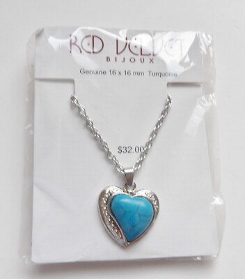 Red Velvet Bijoux Genuine Turquoise Heart Pendant Necklace Silver Tone NEW