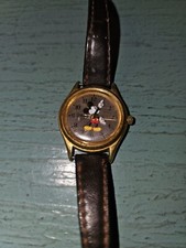Vintage Disney Time Works Mickey Mouse Watch Gold W/ Leather Band -Needs Battery