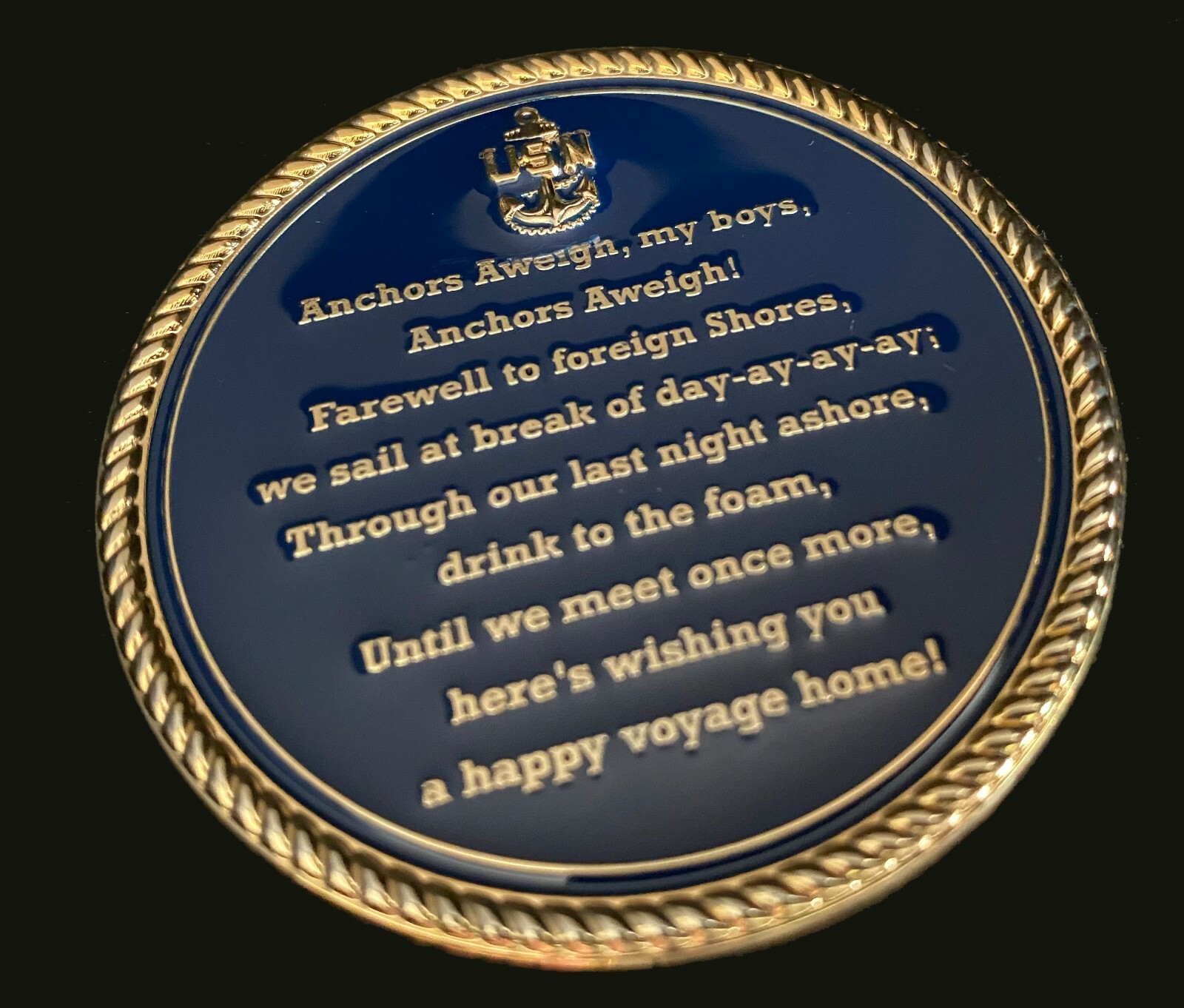 US NAVY USNA CHALLENGE COIN ANCHORS AWEIGH SONG GOLD NICE NAVY GIFT 2.2
