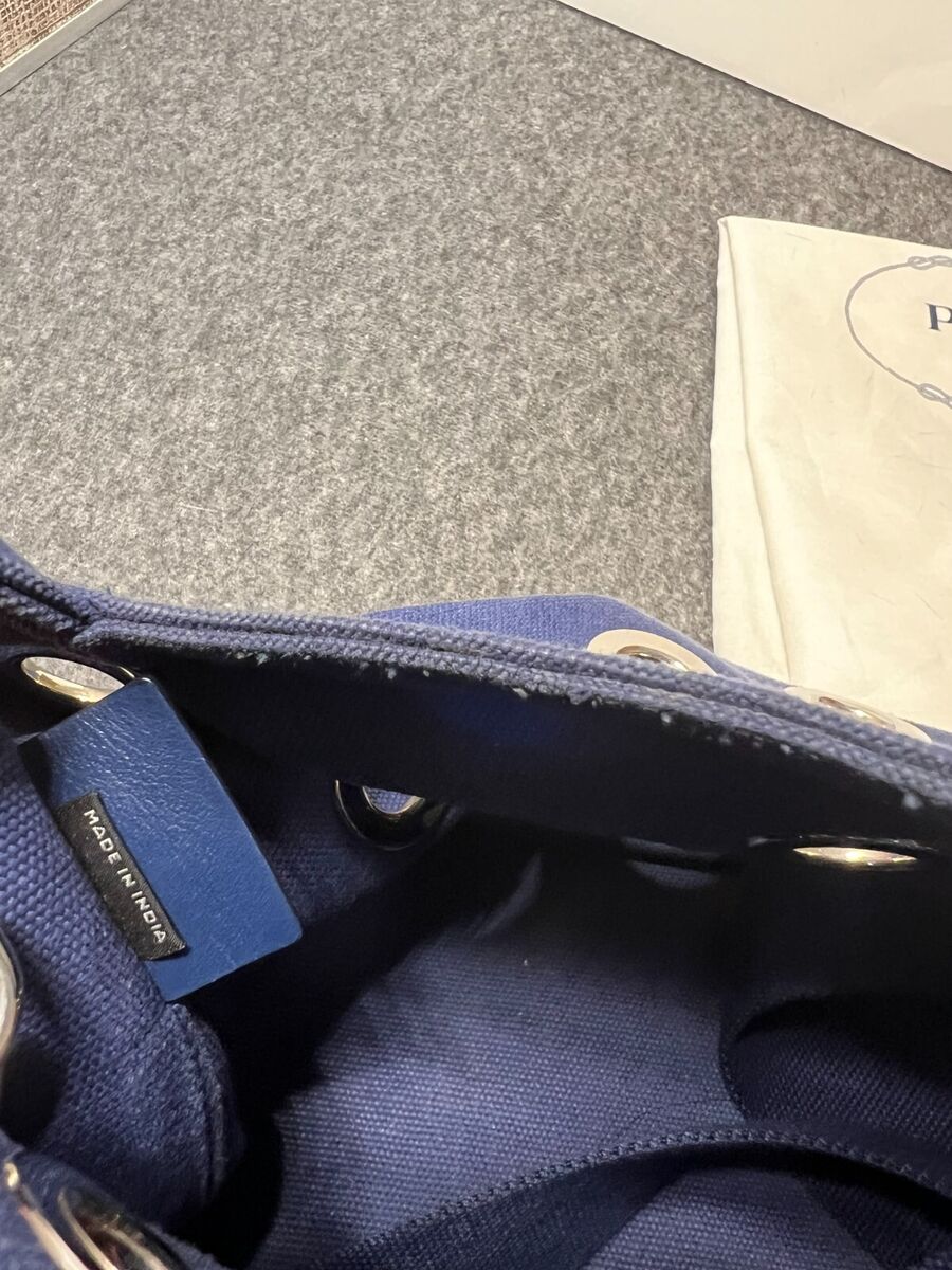 PRADA Canapa Grommet Tote Bag Crossbody 2 Way Navy Canvas w PRADA Canapa Grommet Tote Bag Crossbody 2 Way Navy Canvas w