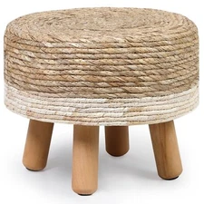 Natural Seagrass Poufs Hand Weave Round Ottoman Foot Rest Foot Stool White w/Leg