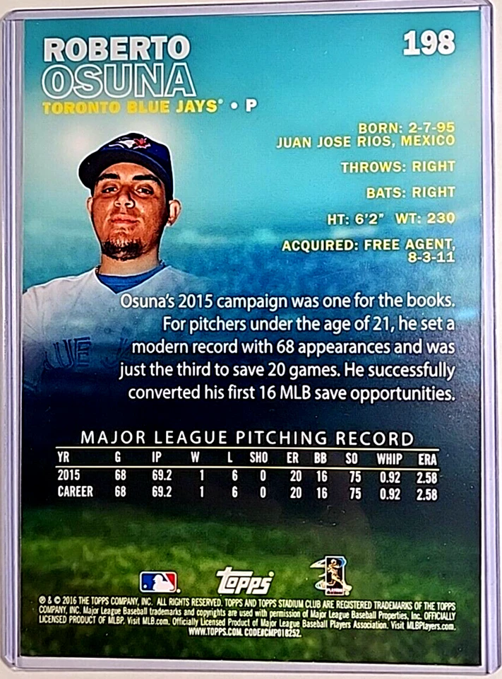 Topps Stadium Club 2016 5x7 dorado #198 Roberto Osuna/10 Toronto Blue Jays 7x5 Foto 2 de 3