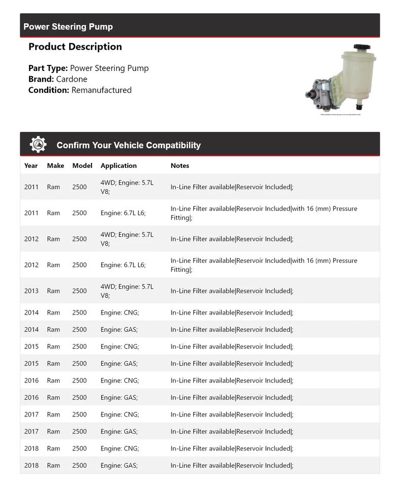 Bomba de dirección asistida Cardone para Ram 2500 2011-2018 2012 2013 2014 2015 2016 2017 Foto 2 de 4