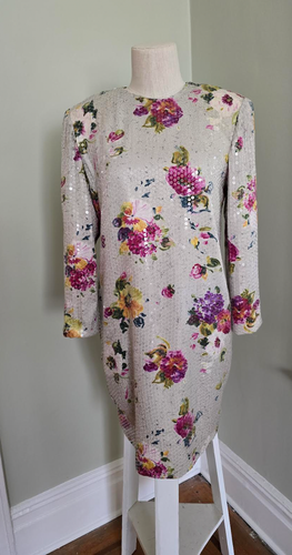 GORGEOUS VINATAGE SEQUIN DRESS 100% SILK FLORAL Weddings, Events, Nights out S/M