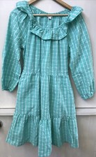 J. Crew Dress Womens Aqua Green Seersucker Mini Ruffle Neck Plaid Long Sleeve 6