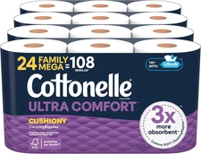 Ultra Comfort Toilet Paper 24 Family Mega Rolls =108 Regular Cushiony Soft