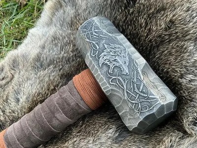 Large Viking Wolf Berserker Hammer Hand Engraved Burned and Carved