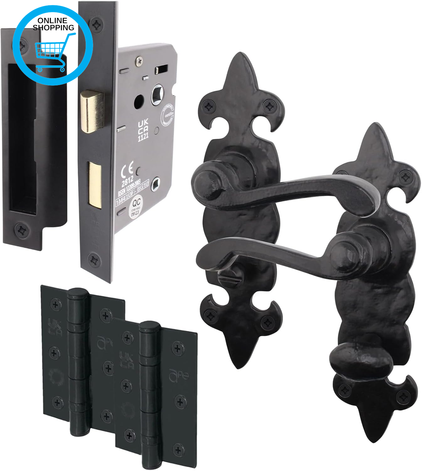 Black Fleur De LYS Bathroom Door Handle Set | 1 Pair of Black Antique, Cast Iron