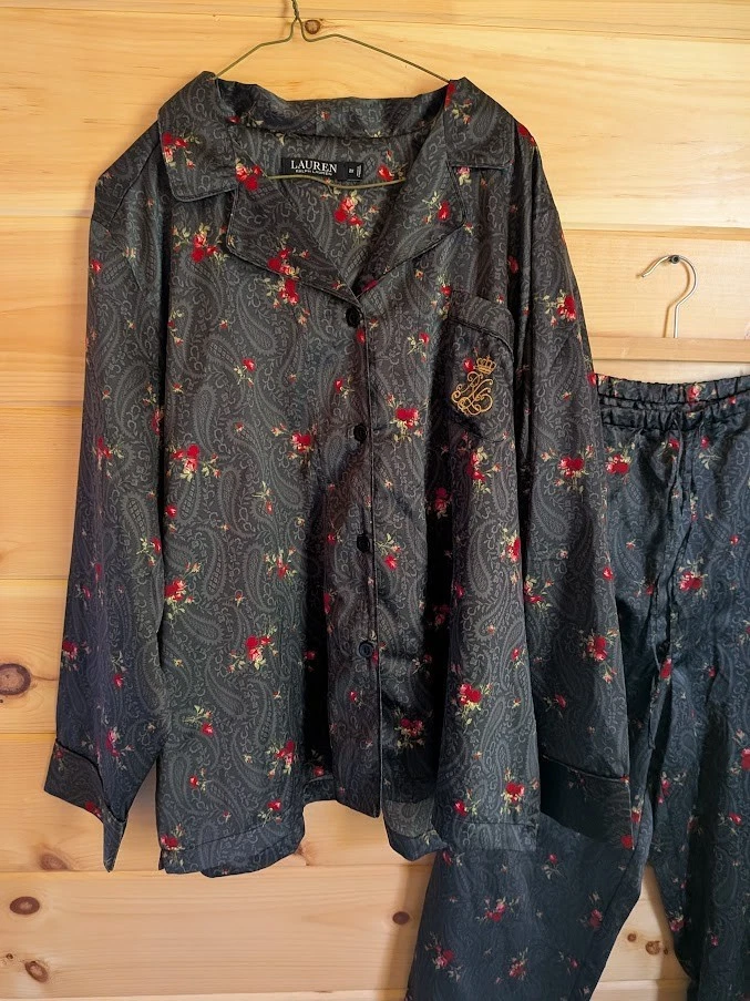 Conjunto de Pijama Ralph Lauren Para Mujer Talla 2X Botón Corona Logo Top Pantalones Sedoso Lujo Foto 2 de 4