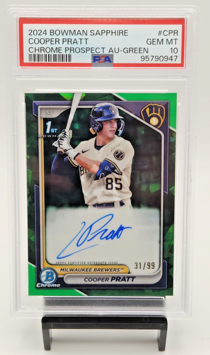 2024 Bowman Sapphire Cooper Pratt 1st Auto Green /99 PSA 10 Brewers