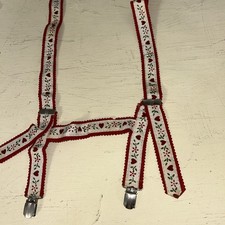 Vintage Scandinavian Folk Pattern Clip Suspenders Childs Heart Ribbon Decorated