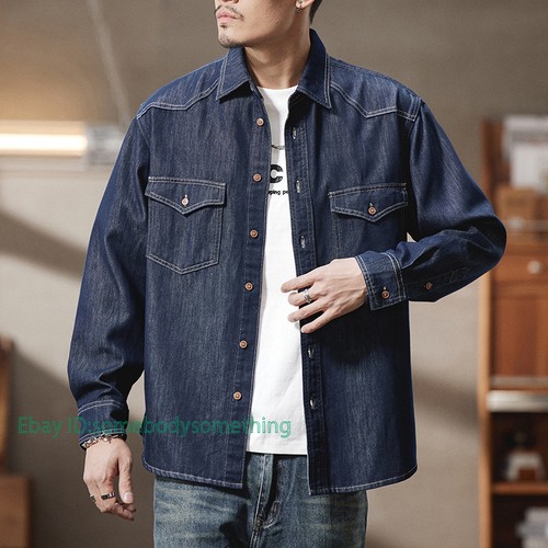 Western Denim Shirt Men's Cotton Work Shirt Casual Loose Coat Top Vintage - Picture 11 of 15