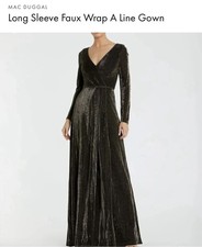 Ieena For Mac Duggal Black Gold Metallic Faux Wrap Maxi Dress Sz 14 NWT