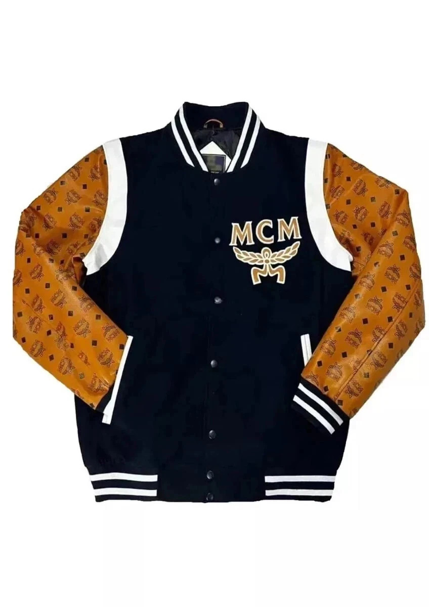 MCM Varsity Bomber Jacket Black Cognac Monogram Sleeves Leat