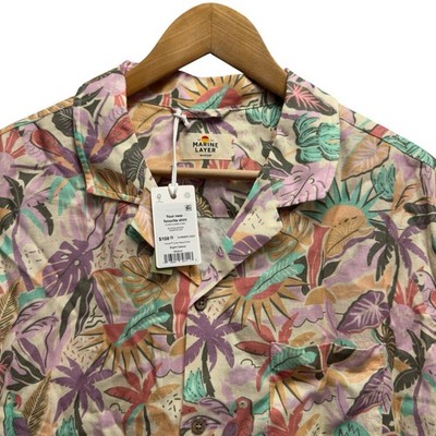 Marine Layer NEW Men's Sz M Floral Parrots Birds Tencel Linen Beach Resort Shirt