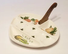 Vintage Ceramic Deviled Egg Relish Veggie Plate Ucagco Japan Wooden Handle 10" 