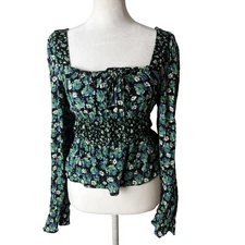 SO Goods for Life Blouse Size Medium Top Long Sleeves Smocked Waist Floral