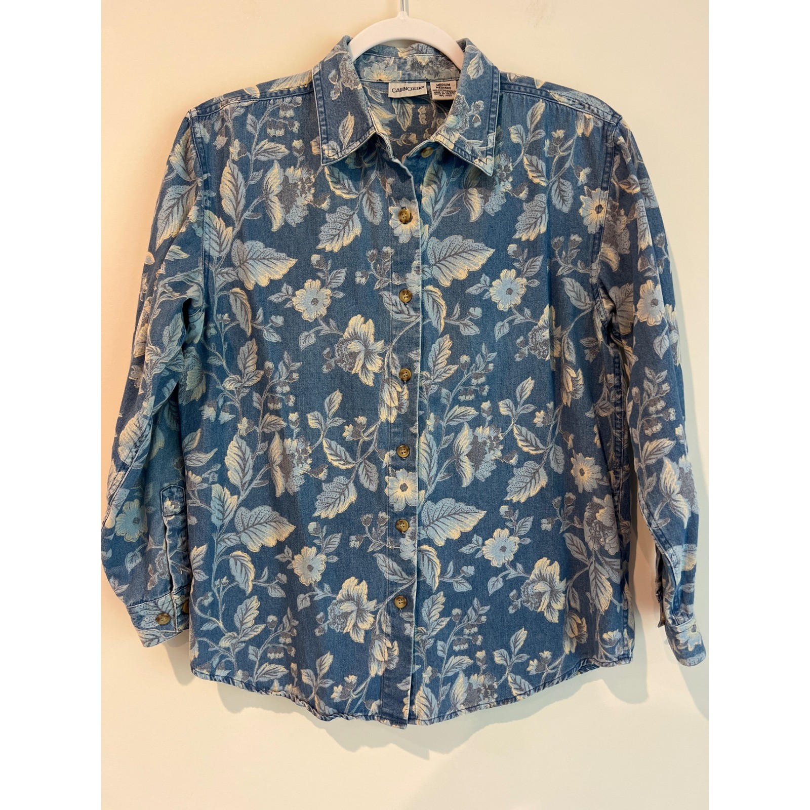 Vintage Cabin Creek Floral Denim Button Down Shirt Long Sleeve Women Medium