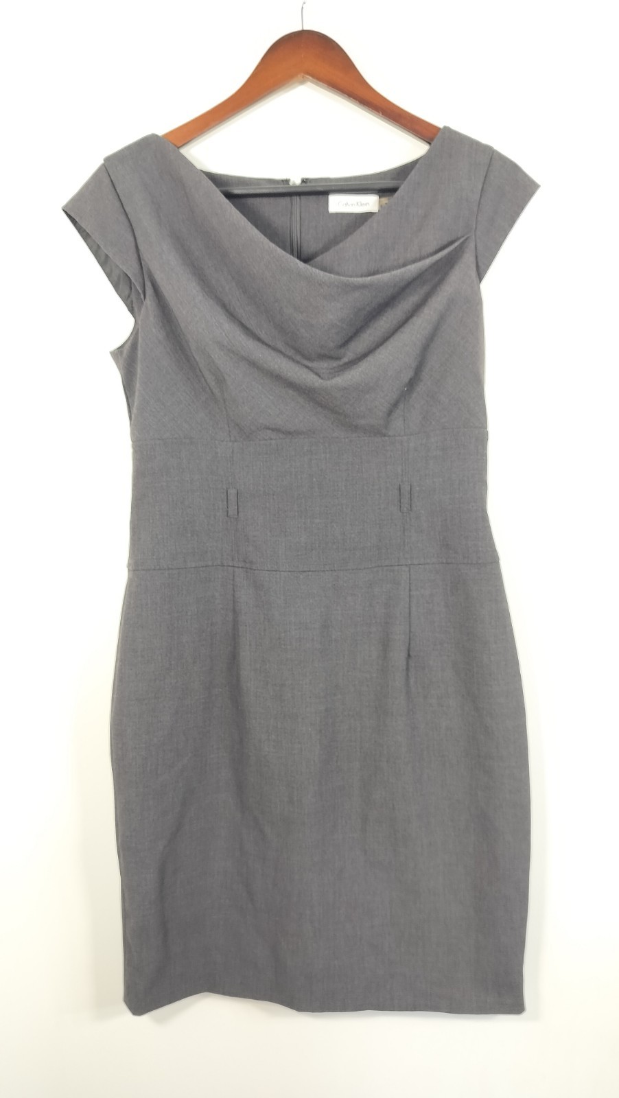 Calvin Klein Sheath Dress Gray Knee Length Cowl Neck Size 8 Sleeveless Lined