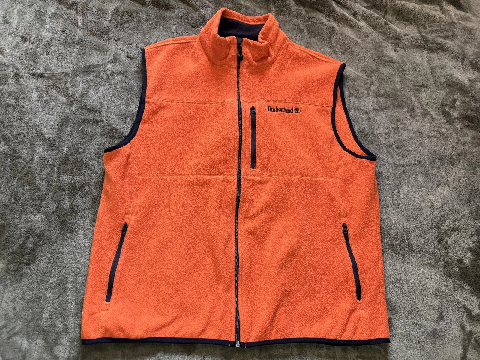 Timberland Vest Mens Large Orange Fleece Full Zip Logo Pockets Hiking Outdoor