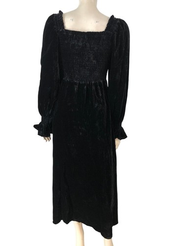 ASPIGA Black Velvet Maxi Dress XS Women's Long Sleeve Smocked - Picture 2 of 4