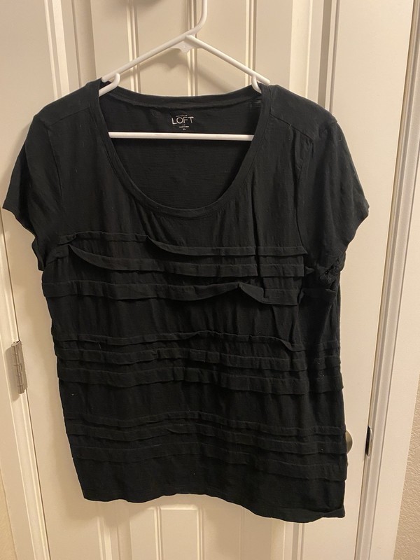 Ann Taylor LOFT XL Top Black Tiered Blouse Short Sleeve Shirt 100 Cotton