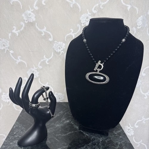 Vintage 925 Silver Lot 3 Piece Onyx & Marcasite Necklace, Ring, Tennis Bracelet