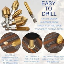 Countersink Drill Bit Set 6Pcs Titanium Coated Chamfer Bits with Hex Shank