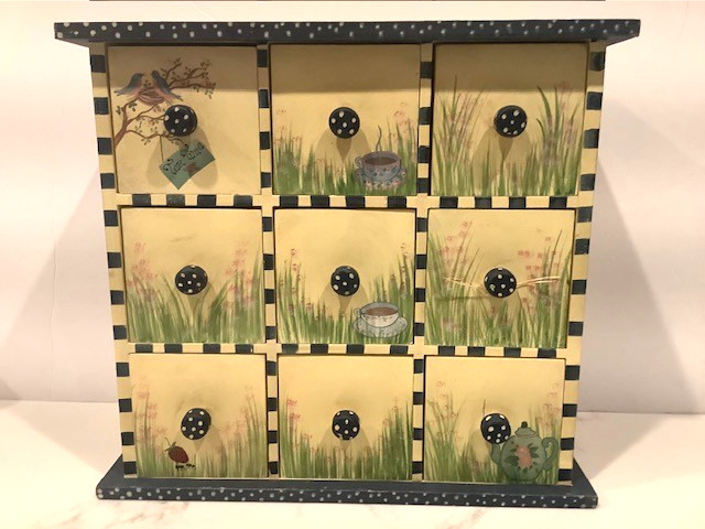 9 DRAWER PAINTED WOODEN BOX "TEA TIME" TEA BAG STORAGE BOX 13X12X6