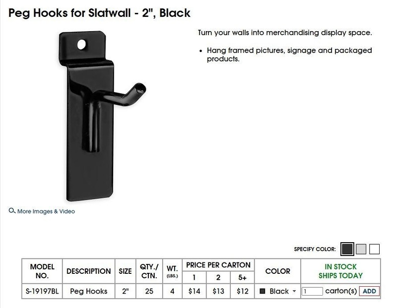 Peg Hooks for Slatwall - 2" Uline Black S-19197BL - 72 Count