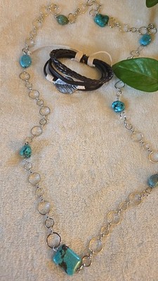 Silver tone Turquoise Style Stone Necklace western chic boho fashJewelry Set