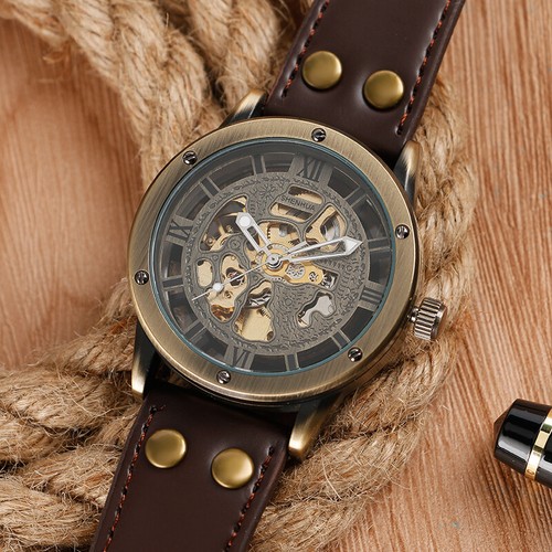 SHENHUA Herren Automatik Mechanische Armbanduhr Römische Zahl Zifferblatt Lederband - Bild 5 von 12