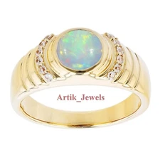 Natural Opal And CZ Gemstone With 14K Gold Plated Silver Ring for Men's #511