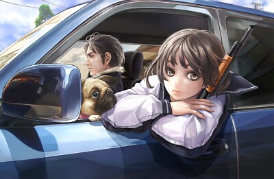 Anime shotgun girls weapon dog brunette car boys CCG Gaming Mat Desk