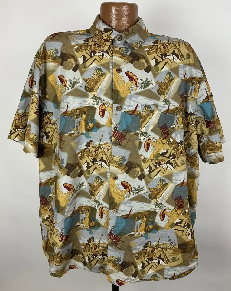 Vintage 90s Hawaiian Shirt Men XL Bikini Beach Postcard Collage Roundtree Yorke - Image 2 of 4