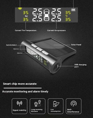 Tire Pressure Monitoring System Wireless Solar Power and USB Charger Monitor。 - Picture 6 of 9