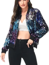 Womens Long Sleeve Front Zip Track Stripe Sequin Bomber Jacket