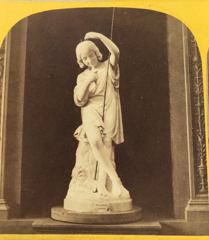 1867 Paris Exposition Stereoview Card Photo BOY CHILD FISHING MARBLE STATUE