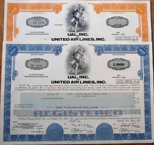 Par de certificados de bonos UAL y United Air Lines años 70, stock de aviación de aerolíneas