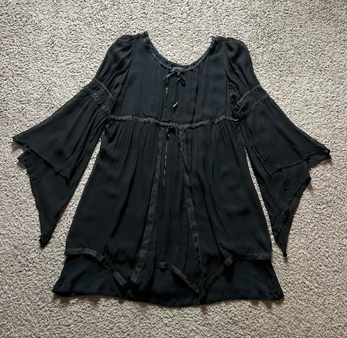 Vintage Funhouse Dress Large Black Rayon Winged Victorian Gothic Witchy Rare Y2K