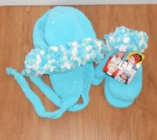 GIRLS TOODLER NOLAN BLUE WITH GLITTER TIE HAT, EAR FLAPS AND MITTENS