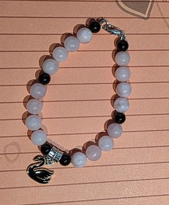 Black Swam Charm Spacer, Black Agate, Pinky White Moonbeam Beads Bracelet