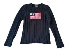 Vintage Polo Ralph Lauren Sweater Size XL Navy Blue American Flag Knit Crewneck