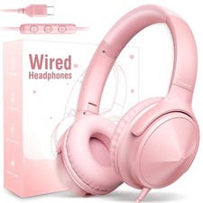 USB C Over Ear Headphones Wired with Mic Volume Control Stereo Foldable Pink
