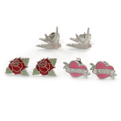 ROSA KEKS IN HANDTASCHE Schwalbe, Rose, Herz Ohrstecker Set in Rhodinierung